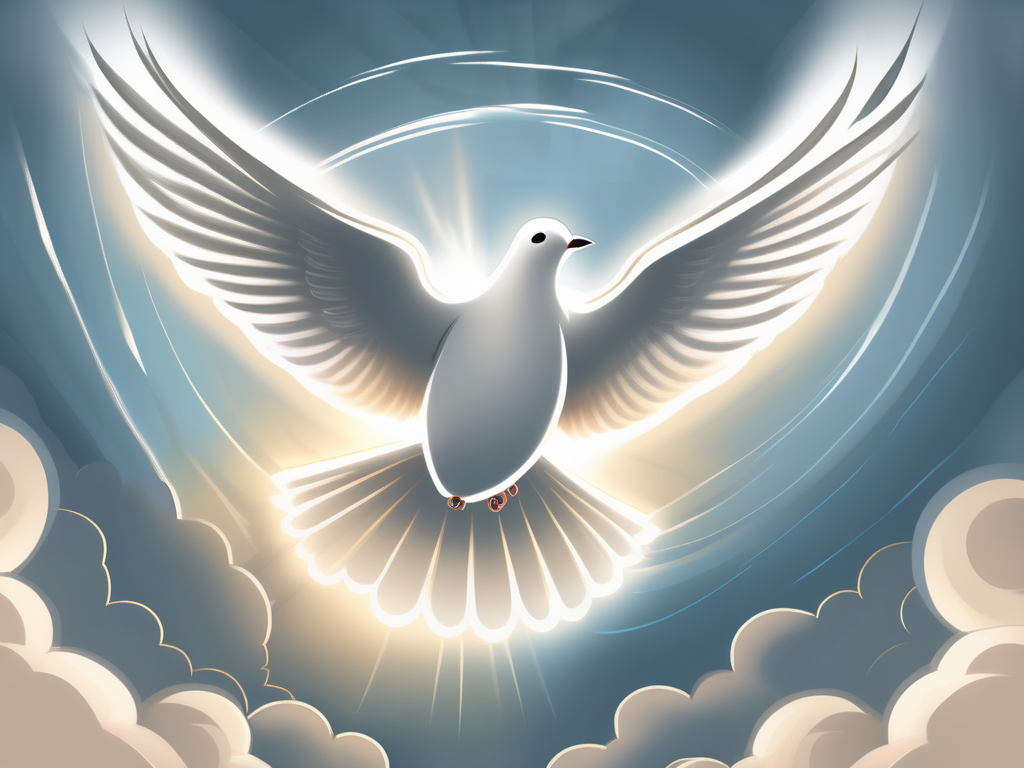 A glowing dove soaring in the sky with rays of light shining through a cloud