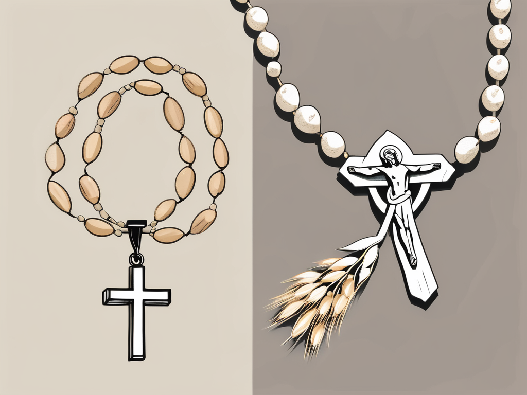 Two symbolic objects - a quaker oat and a catholic rosary - placed side by side
