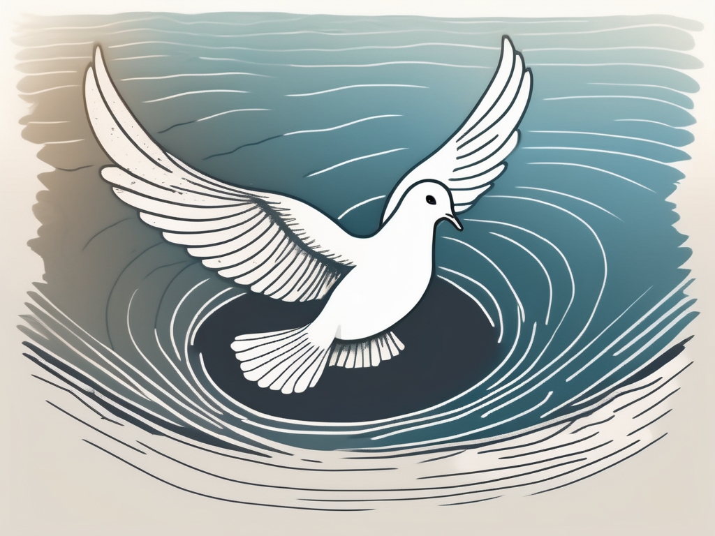 A dove descending towards a body of water