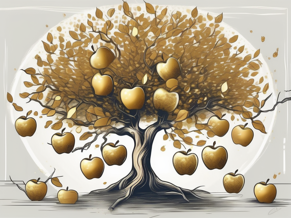 A golden apple tree with one apple falling