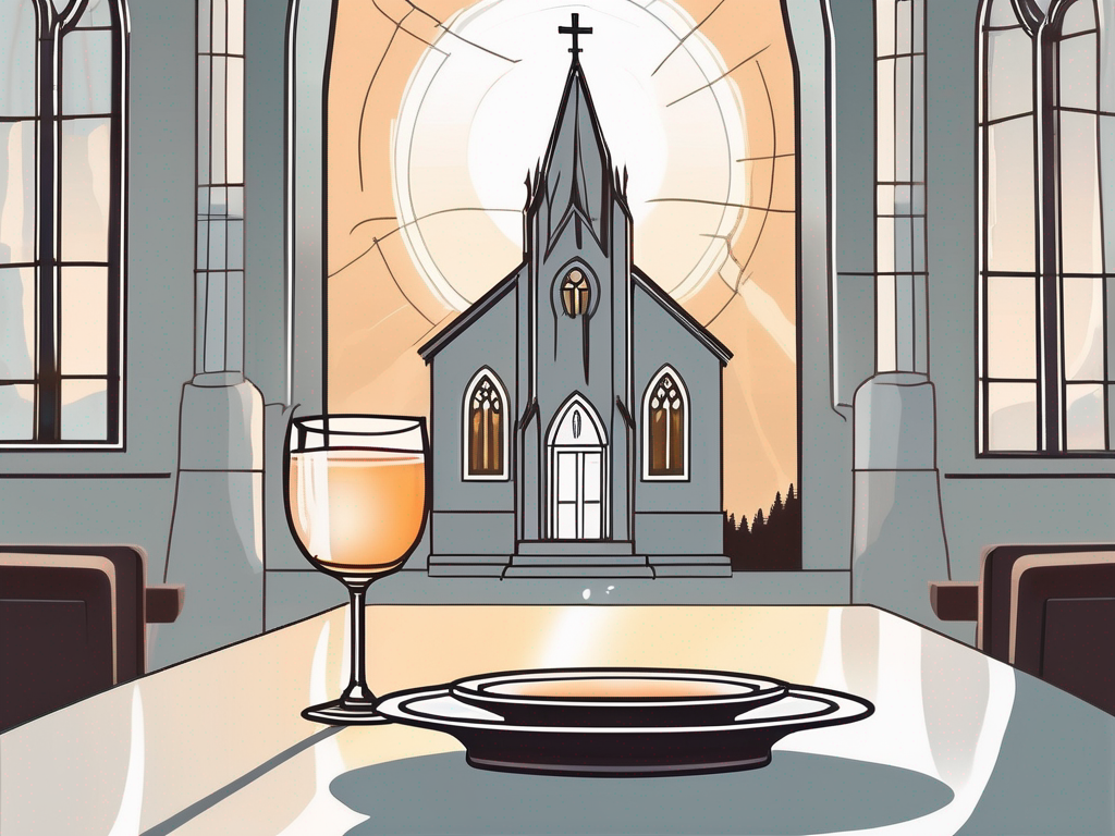 A sunrise over a church with an empty plate and a glass of water in the foreground