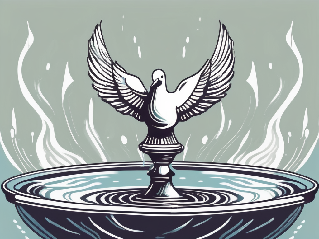 A water-filled baptismal font with a dove descending towards it