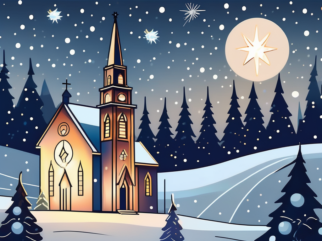 A traditional christmas scene with a lit-up church in the snow