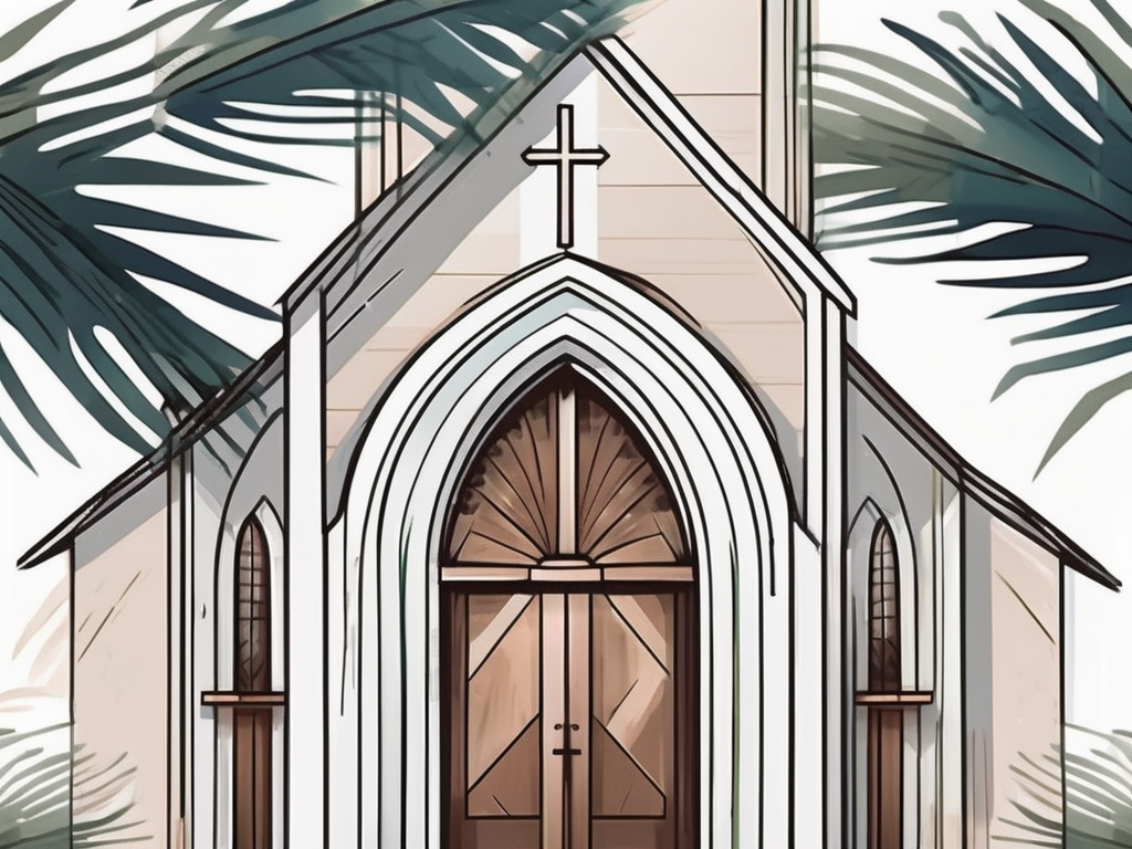 A church with palm fronds decorating the entrance and a cross prominently displayed