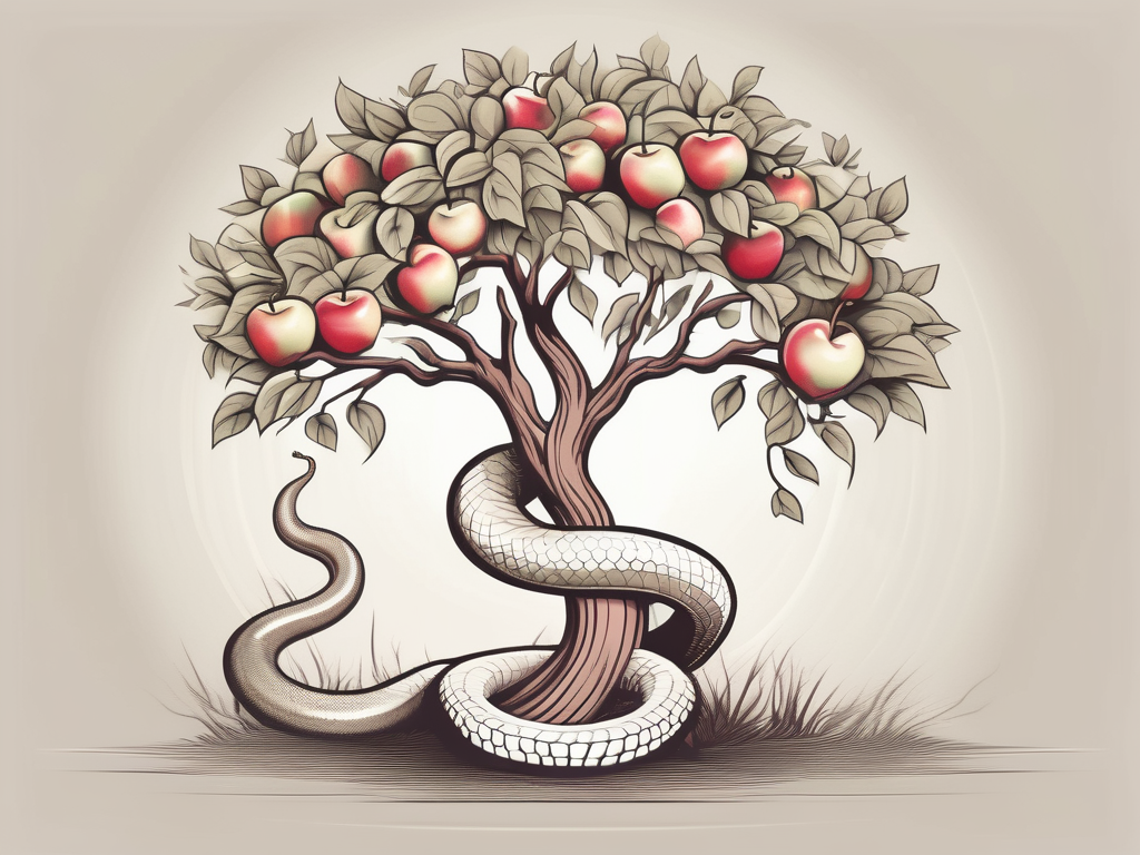 An apple tree with a snake coiled around its trunk