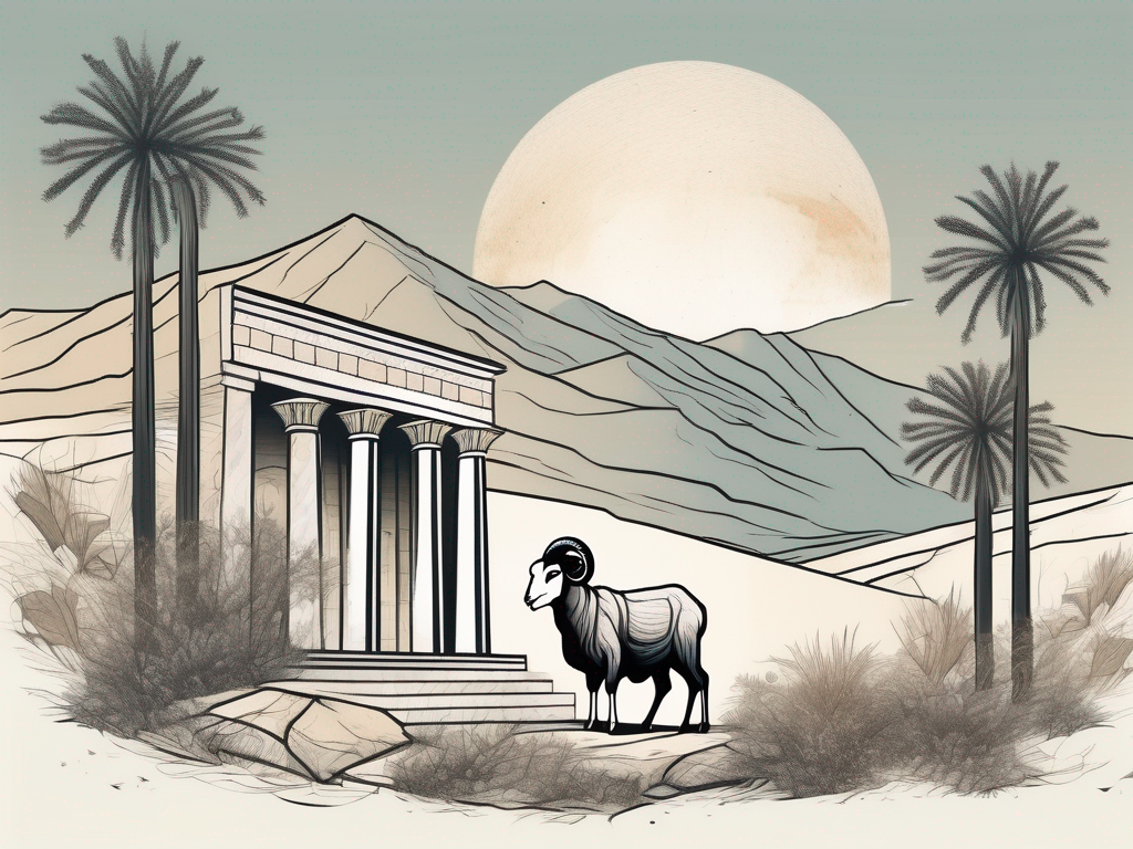 An ancient middle eastern landscape with a well and a ram caught in a thicket