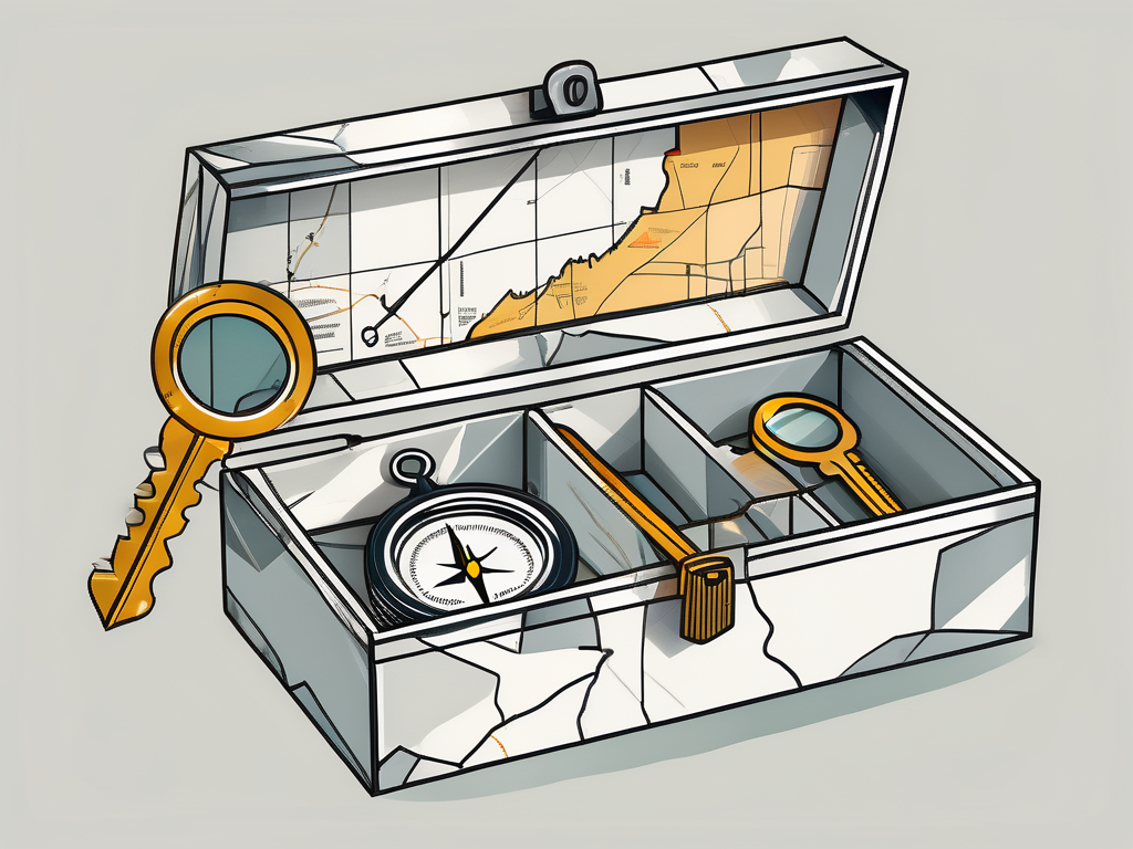 A toolbox with various job hunting tools like a magnifying glass