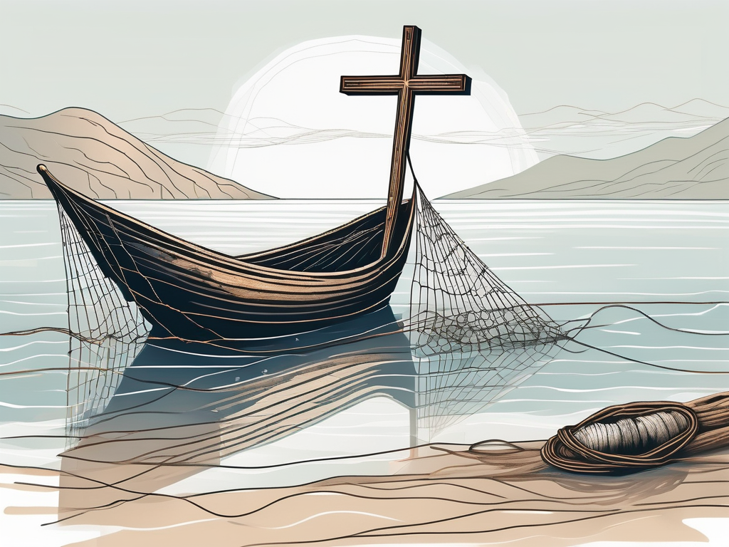 An ancient fishing net and boat beside a symbolic cross