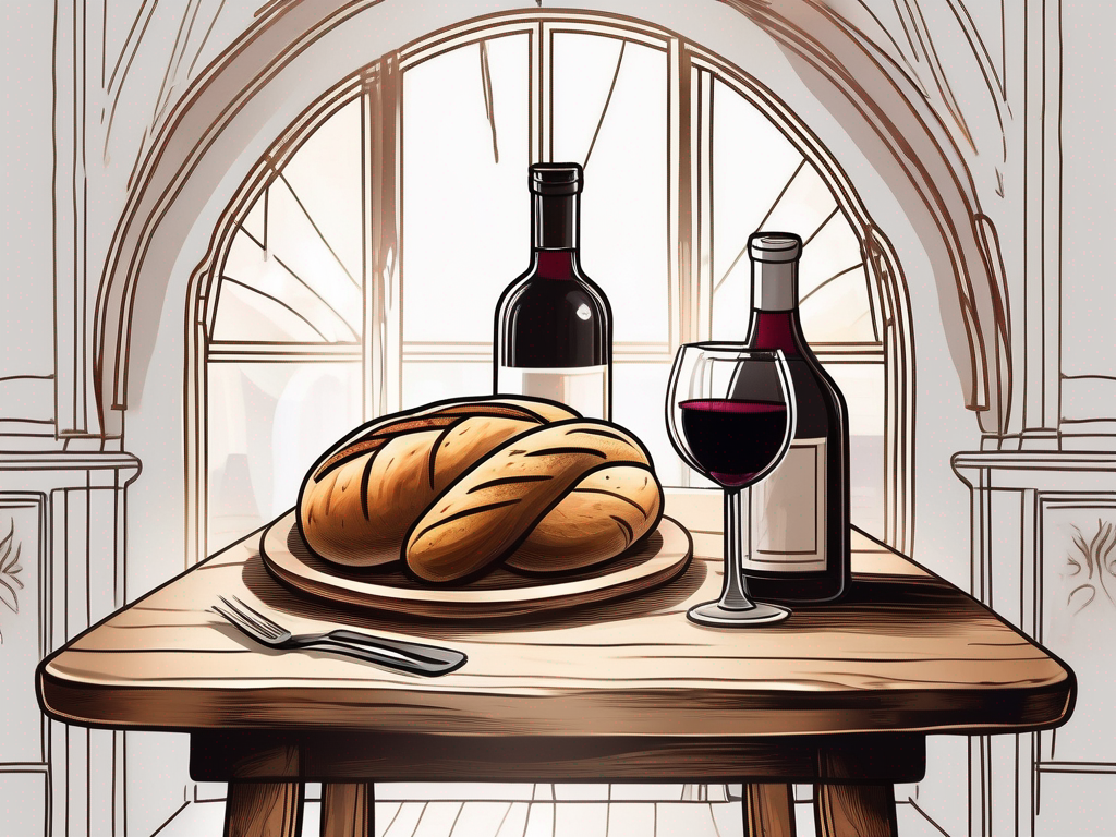 An antique wooden table set with bread and wine