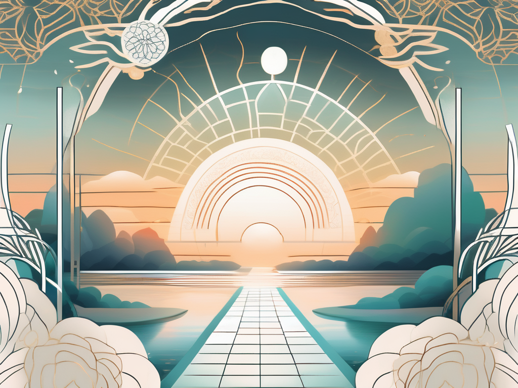A serene landscape with symbolic elements like a radiant sun