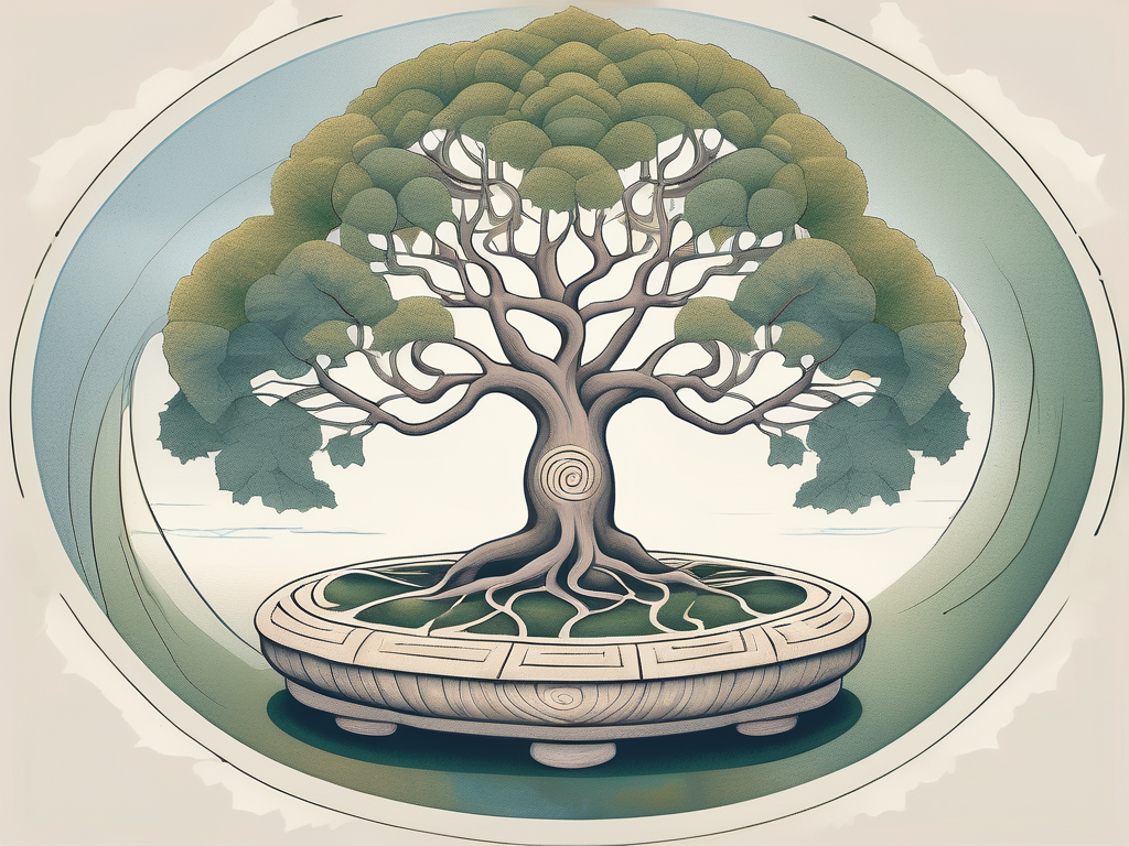 A serene landscape depicting a bodhi tree under which is a cushion