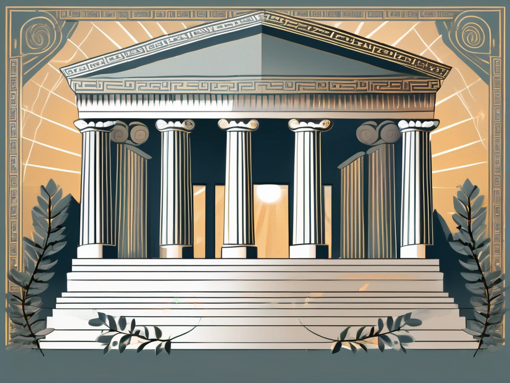 An ancient greek temple with a lyre (a musical instrument associated with the greek god apollo) placed prominently in the foreground