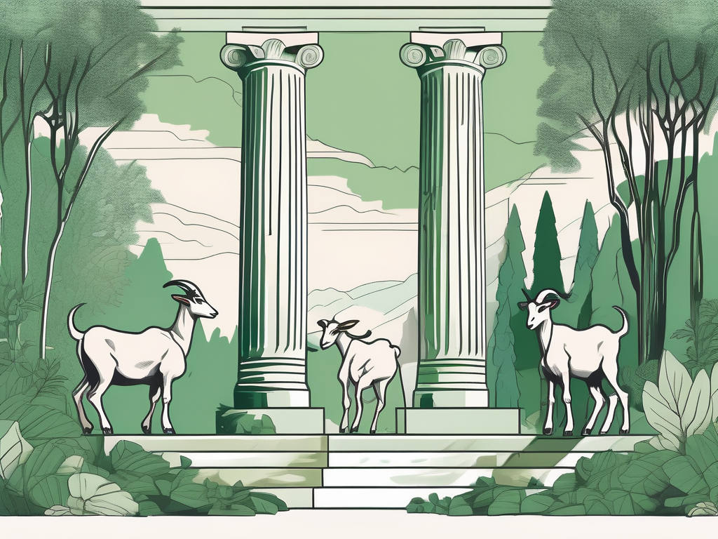 A lush forest scene with a flute resting against an ancient greek column