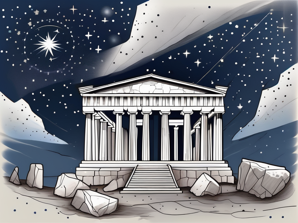 The ancient greek temple ruins under a starry night sky