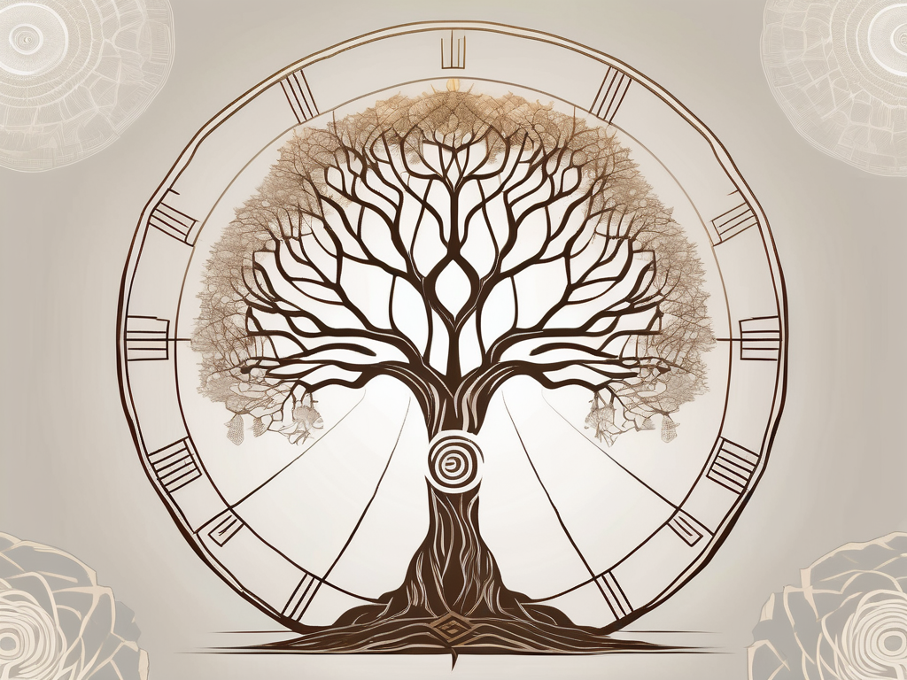 A bodhi tree gradually transforming into a dharma wheel