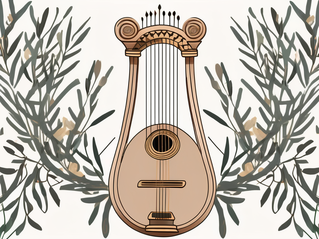 A lyre (ancient musical instrument) surrounded by olive branches and nightingales