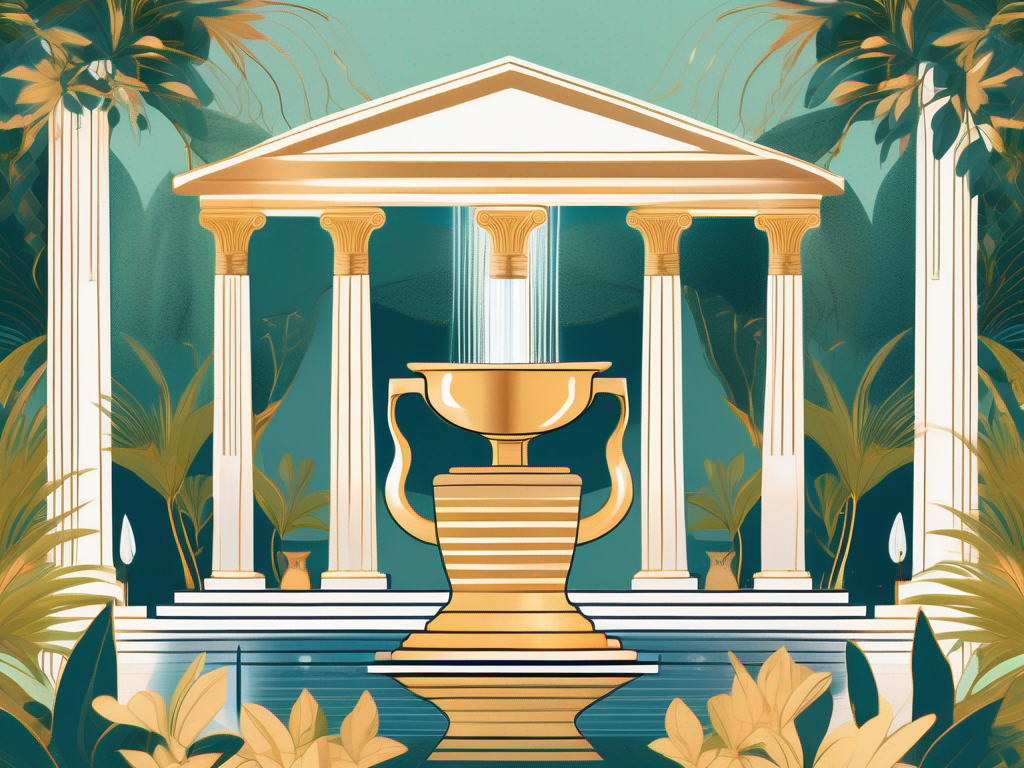 A mystical greek temple surrounded by lush gardens and a flowing fountain