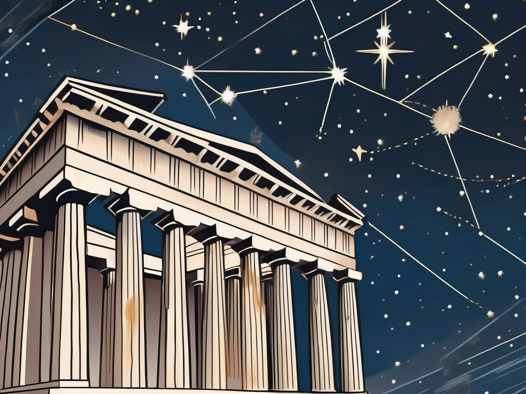 An ancient greek temple under a starry night sky
