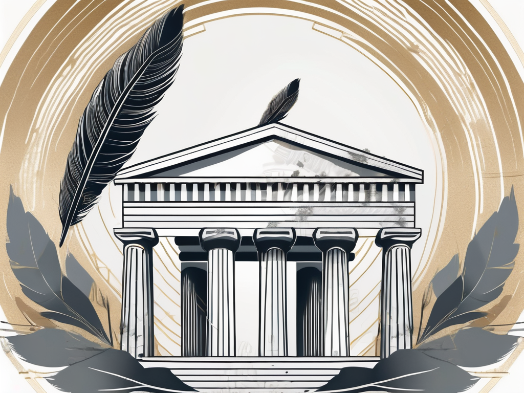 An ancient greek temple with a symbolic representation of persuasion such as a golden tongue or a silver feather quill