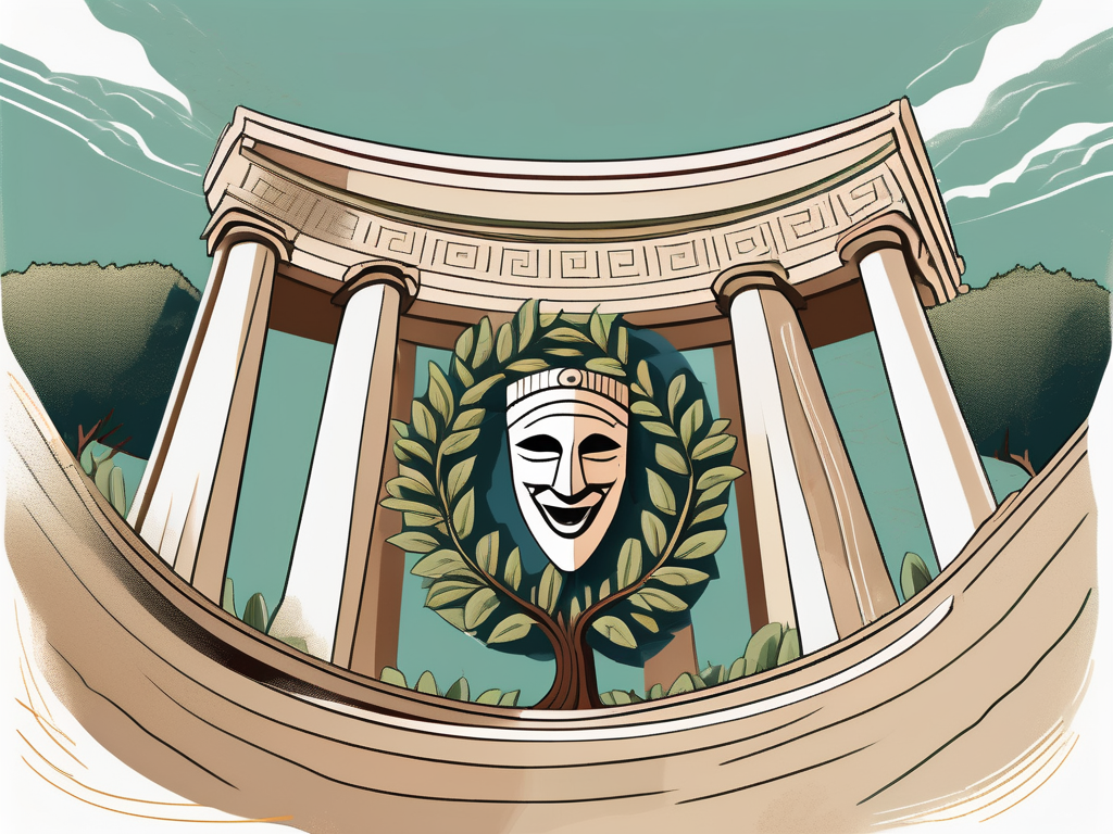 A greek amphitheater with a comedic mask and a flourishing laurel tree