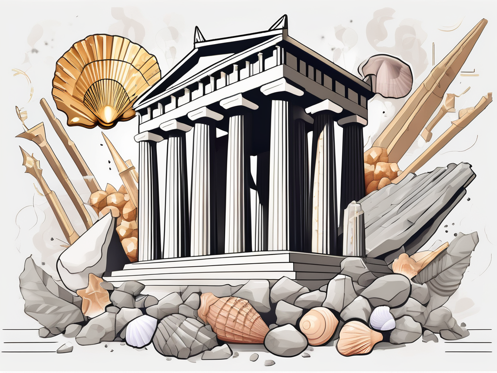 The iconic parthenon temple with various symbolic items associated with greek gods and goddesses