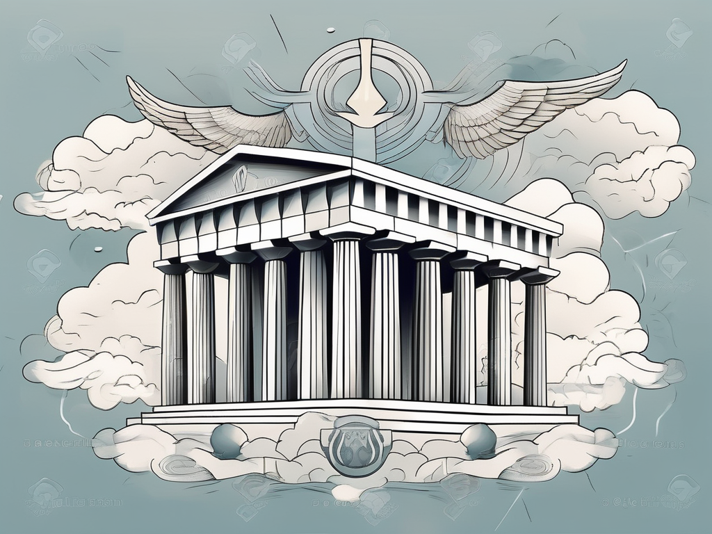 An ancient greek temple amidst ethereal clouds