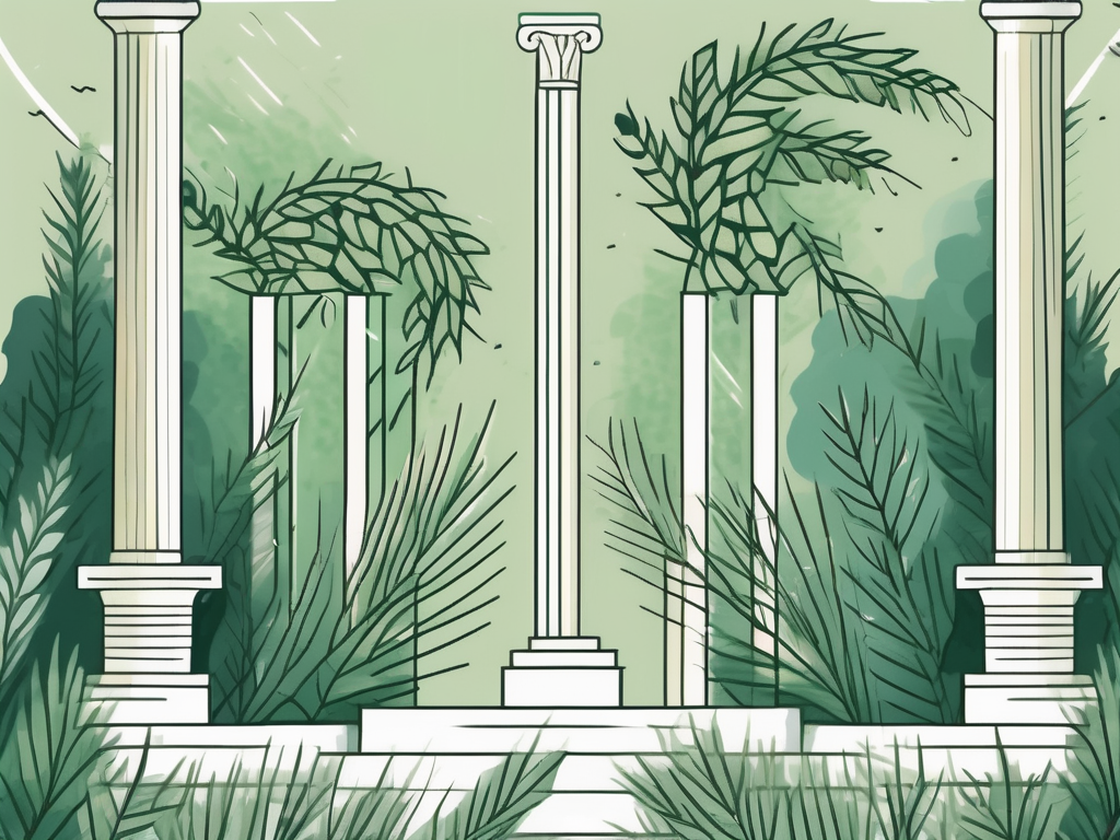 Ancient greek pillars surrounded by lush greenery