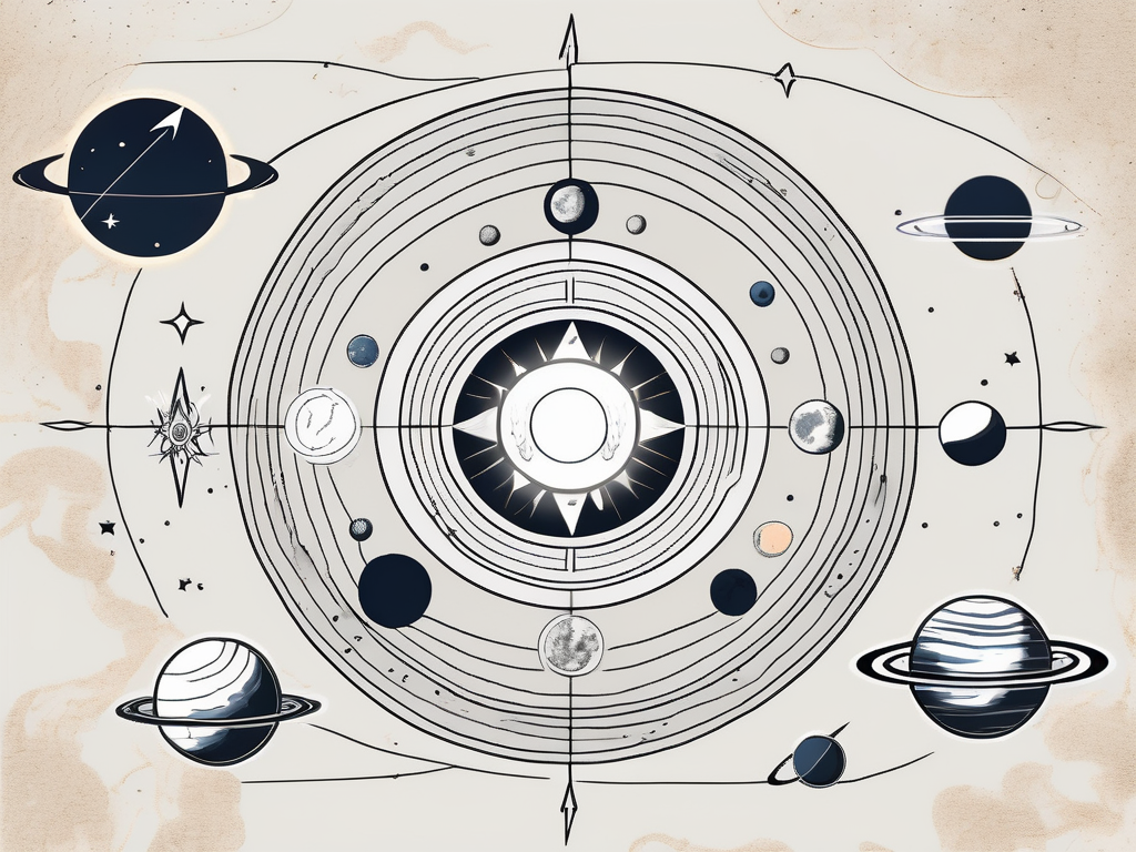 The solar system with greek symbols representing the gods associated with each planet