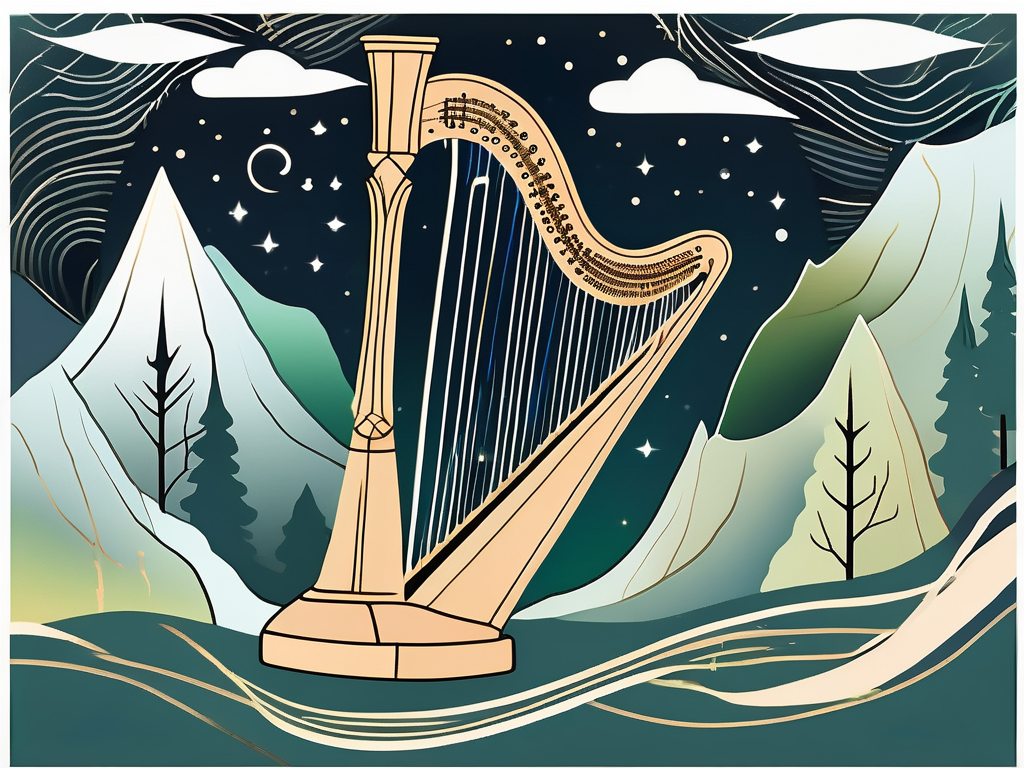 An old norse landscape with a harp and a scroll