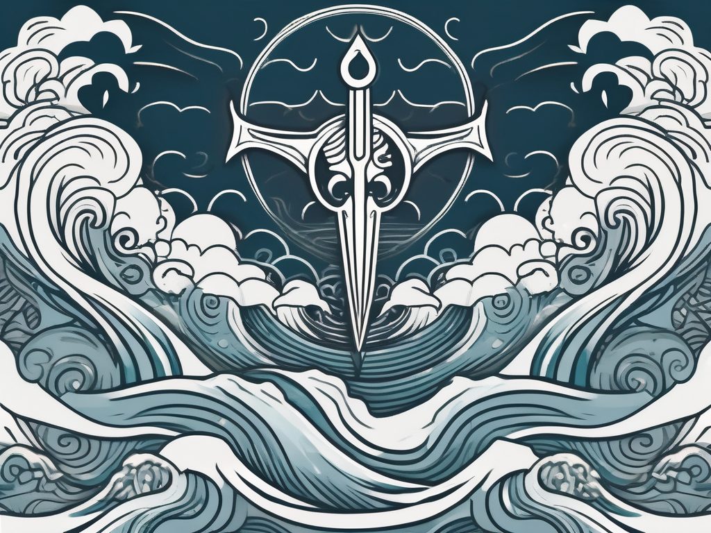 A stormy sea with a majestic trident emerging from the waves