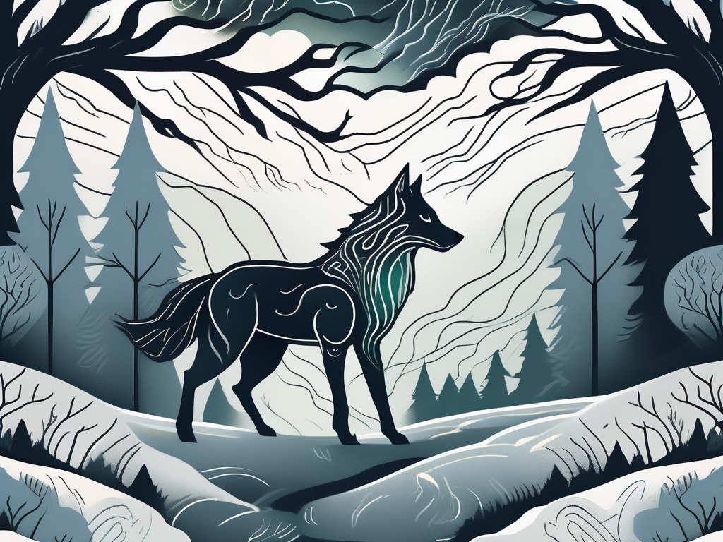 A mystical forest filled with various iconic norse mythology creatures such as the fenrir wolf