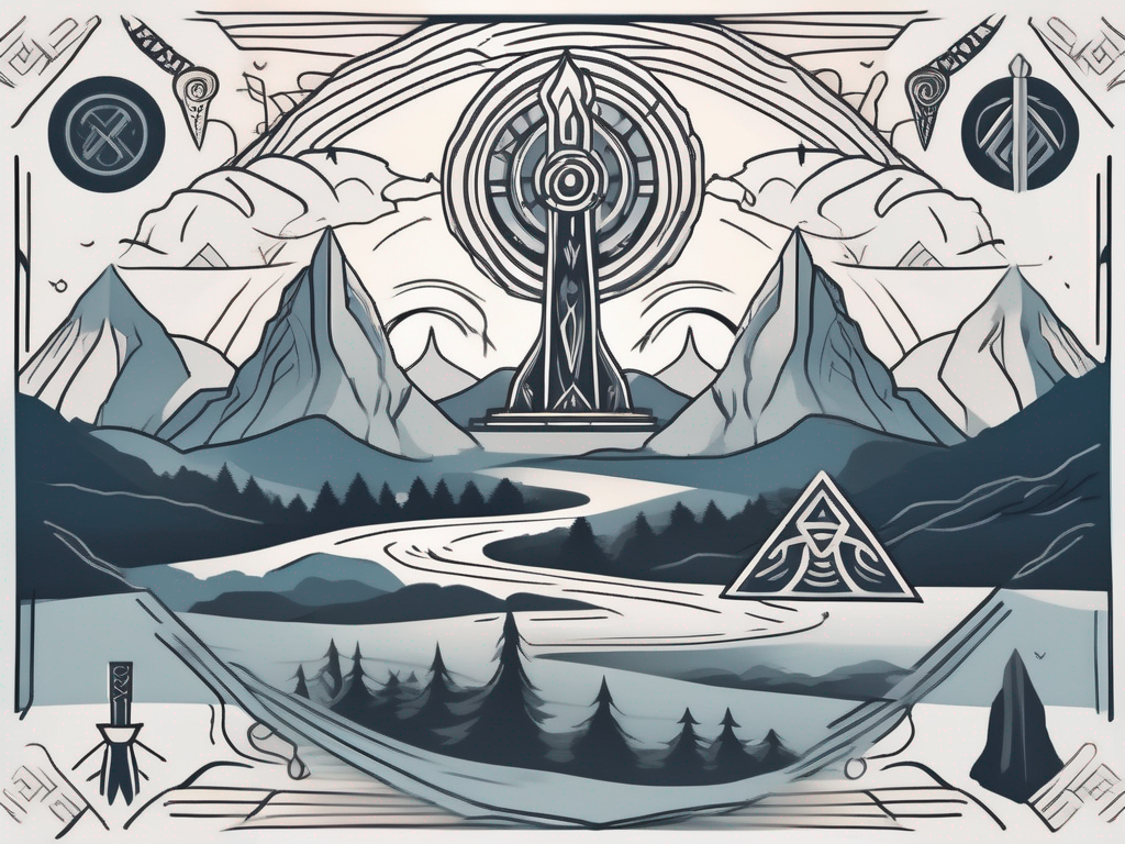 A mystical norse landscape with prominent symbols associated with various norse gods and goddesses