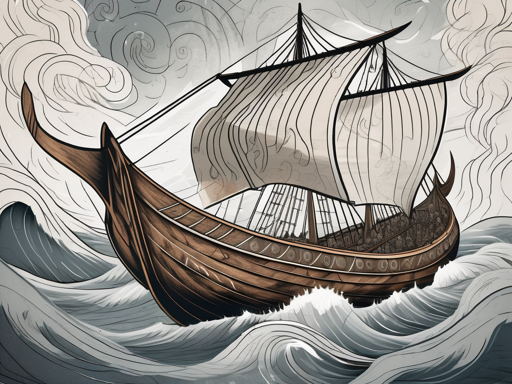 A viking longship sailing on a stormy sea