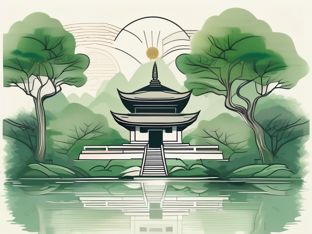 A serene landscape featuring a buddhist temple surrounded by lush greenery