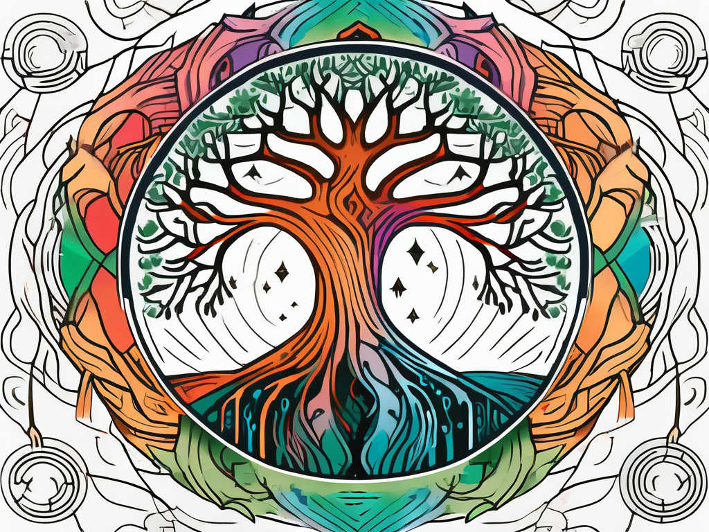 A cosmic tree (yggdrasil) with nine distinct