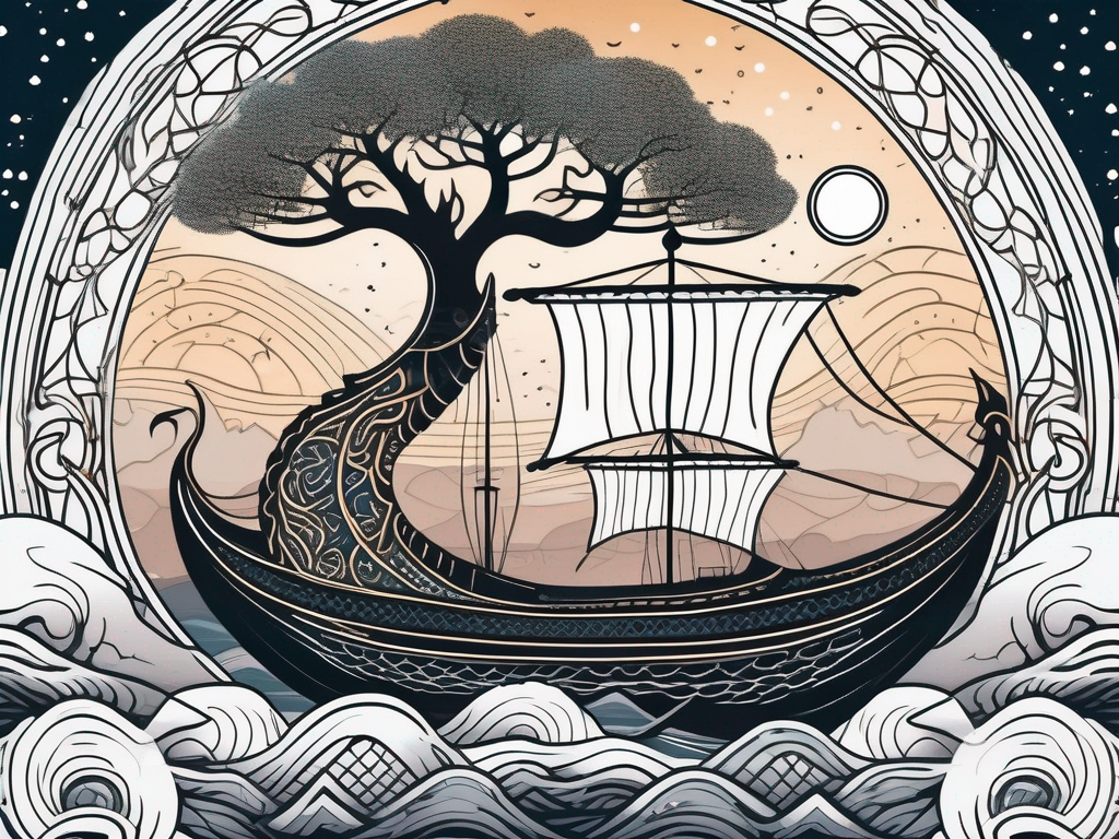 A majestic viking longship sailing across a mystical sea