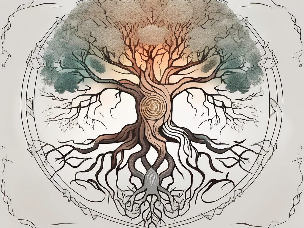 The yggdrasil tree with its roots and branches stretching out to nine different realms