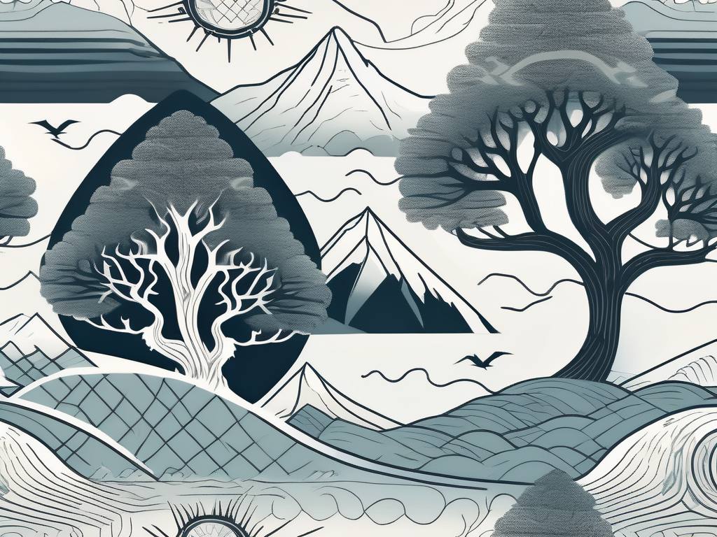 A mythical norse landscape featuring iconic symbols like the yggdrasil tree