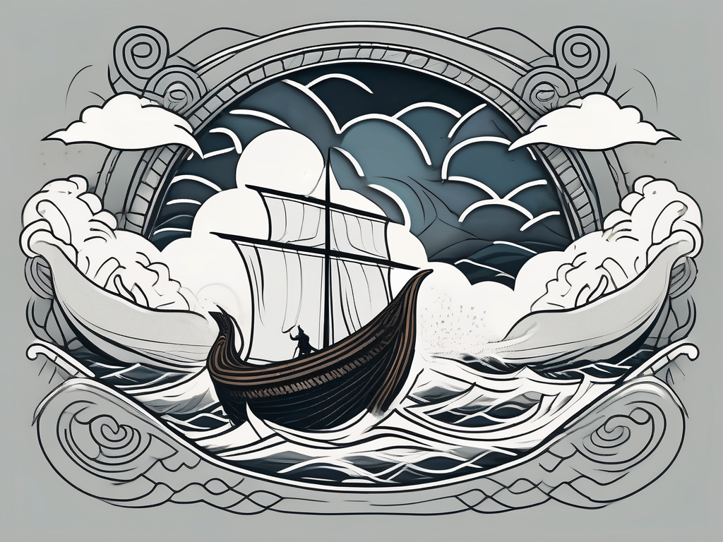 A viking longship sailing through misty seas