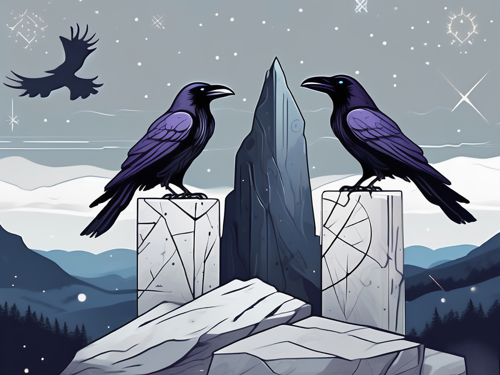 Two ravens perched on a stone rune