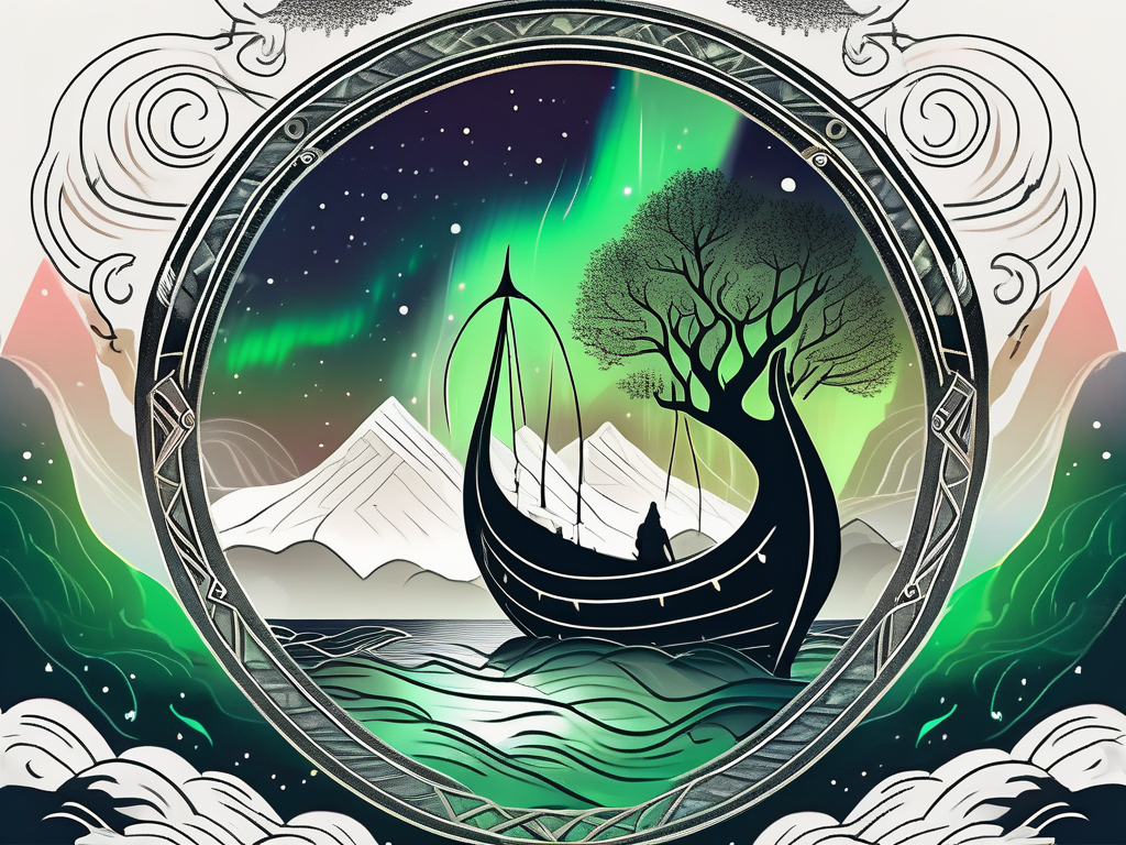 A viking ship sailing through a mystical sea under a sky lit with the aurora borealis