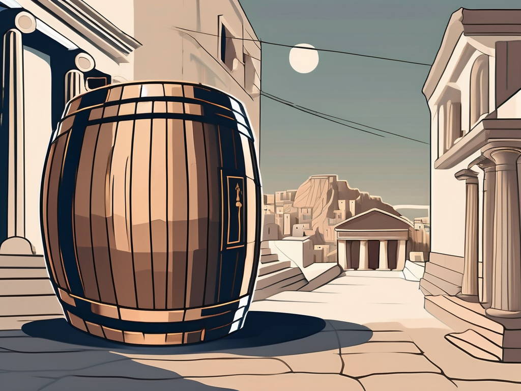 An ancient greek cityscape with a barrel