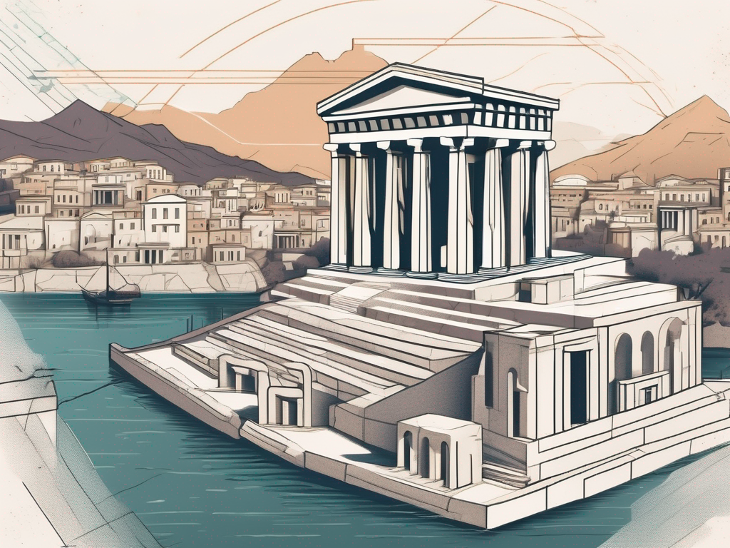 An ancient greek cityscape with prominent structures like temples
