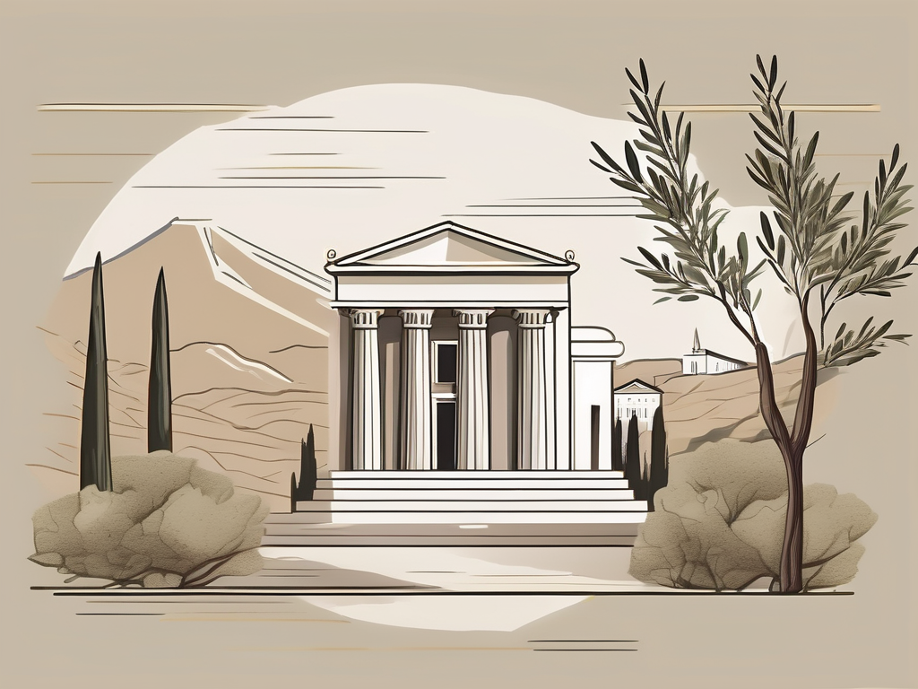 An ancient greek cityscape with a focus on a philosophical school