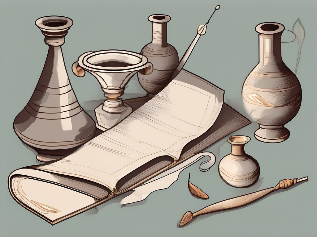 An ancient greek setting with a philosopher's tools such as a scroll