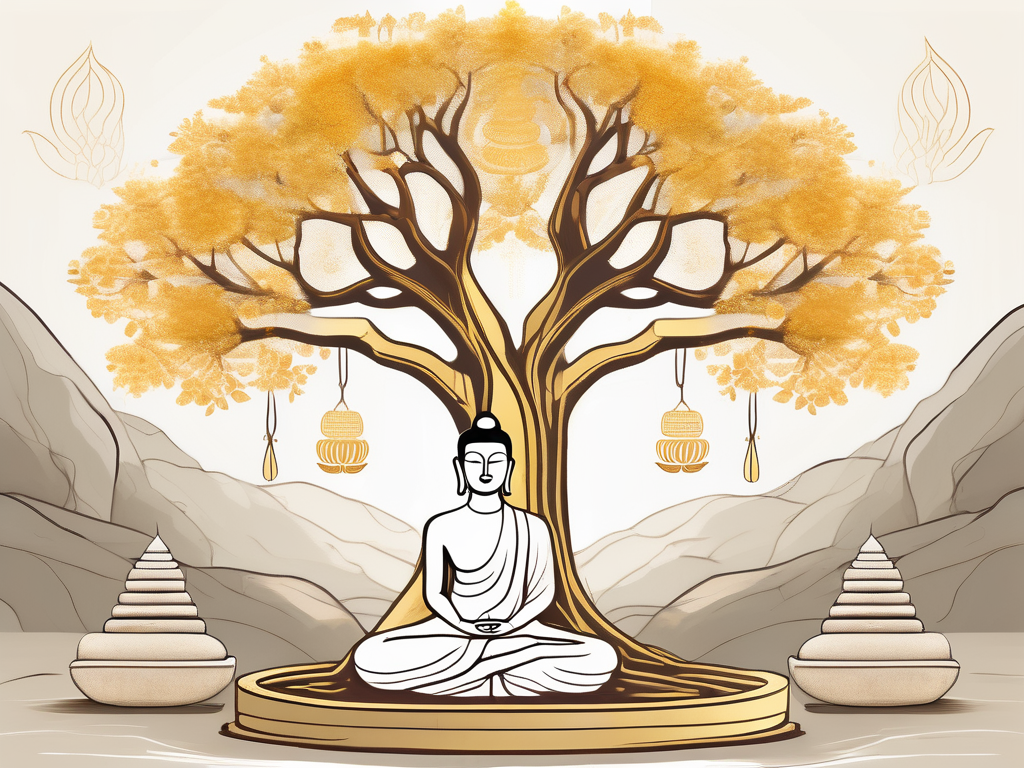 A symbolic bodhi tree under which a golden aura glows