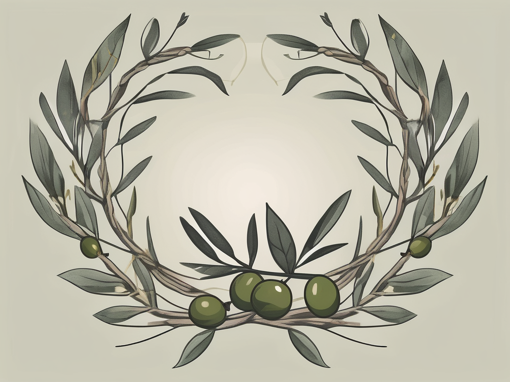 An ancient greek setting with symbolic elements such as a heart-shaped olive wreath