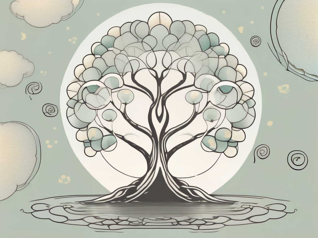 A serene landscape featuring a bodhi tree with thought bubbles emerging from its leaves