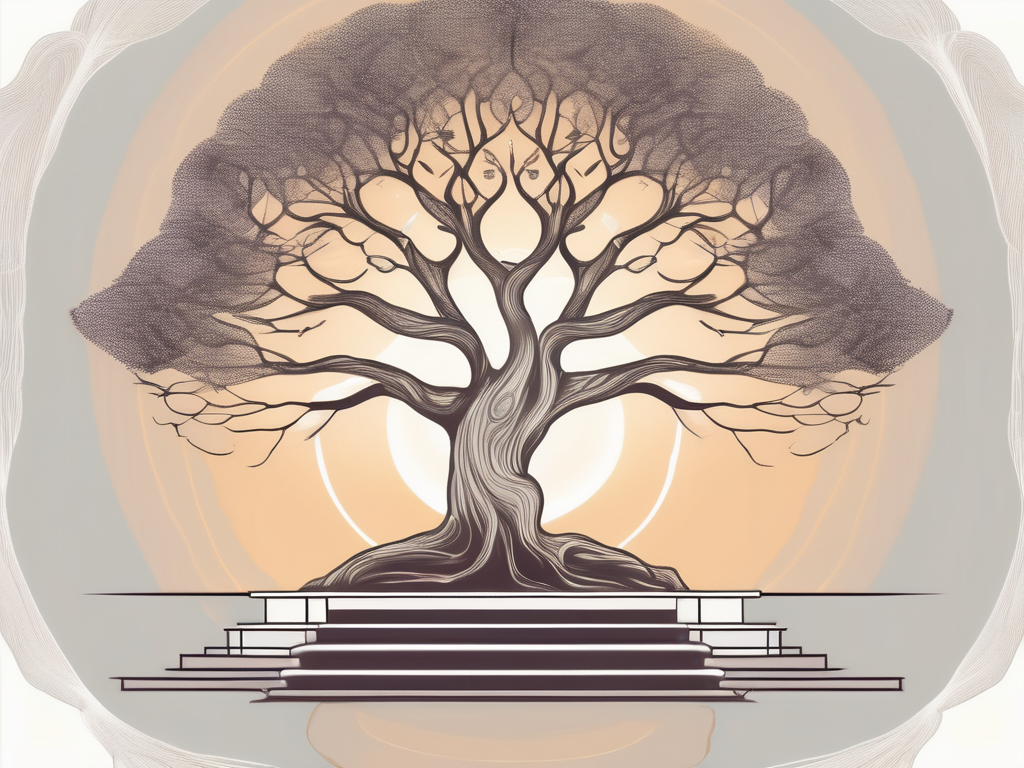 A serene bodhi tree under which a symbolic empty seat is placed