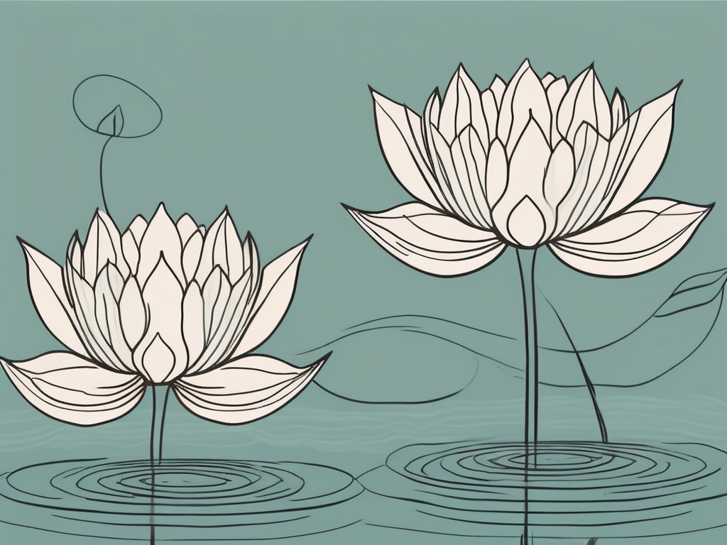 Two intertwined lotus flowers floating on a calm body of water